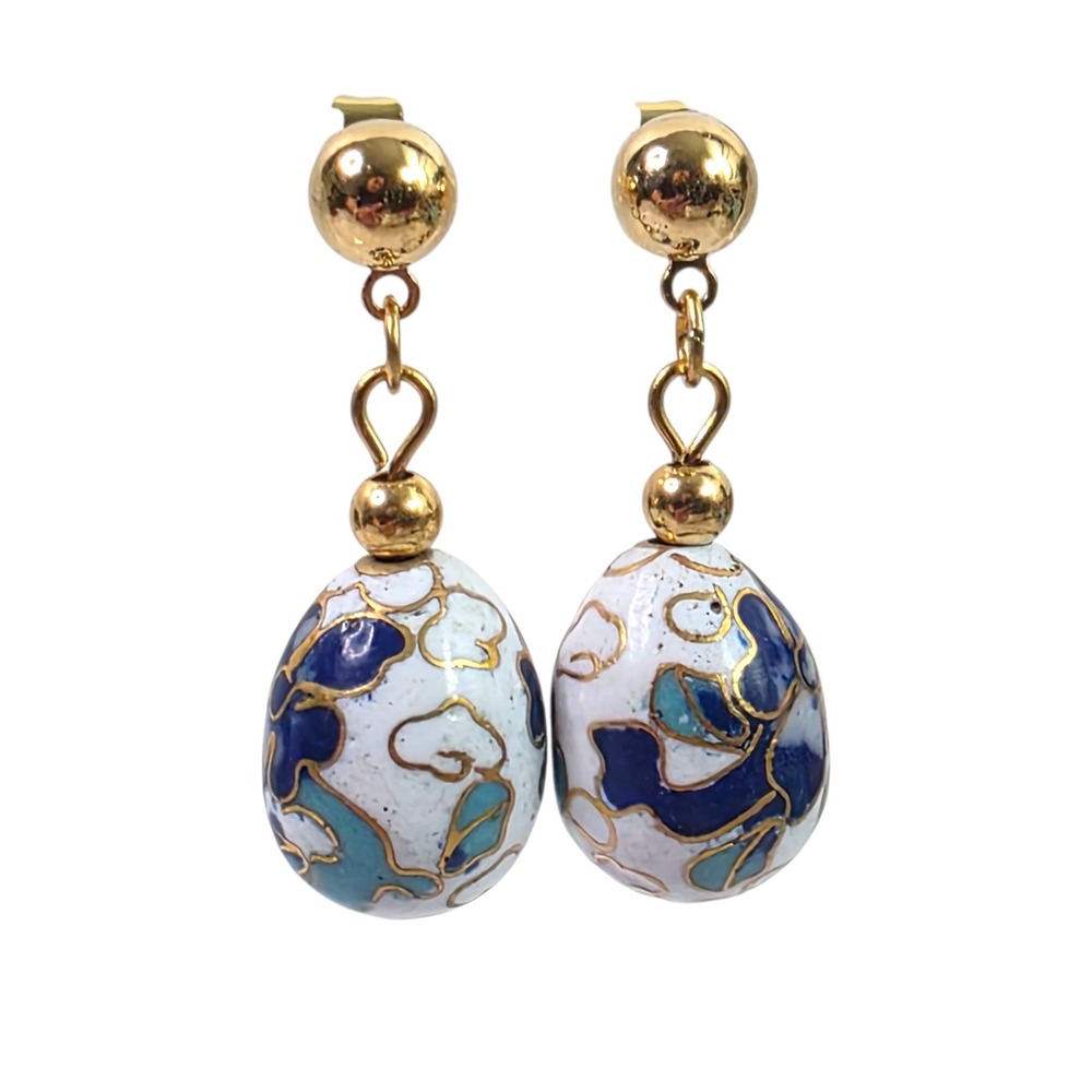 Vintage Cloisonne Earrings Floral Enamel‎ Egg Blue White Gold Tone Chinese